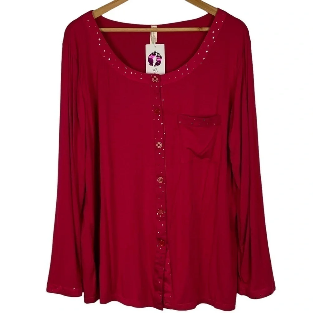 RHONDA SHEAR SHIMMER RED COZY HOLIDAY MATCHING PAJAMA PJ SET
